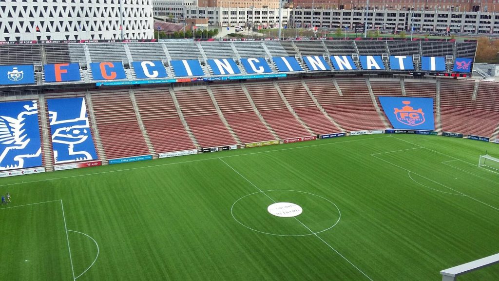 The orange Winged Lion in the top right corner was stolen early Sunday. (Photo Credit: FC Cincinnati)