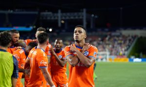 Brenner celebrates following his game-tying goal against the New England Revolution on July 2, 2022. Photo by Anders Saling.