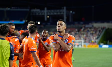 Brenner celebrates following his game-tying goal against the New England Revolution on July 2, 2022. Photo by Anders Saling.