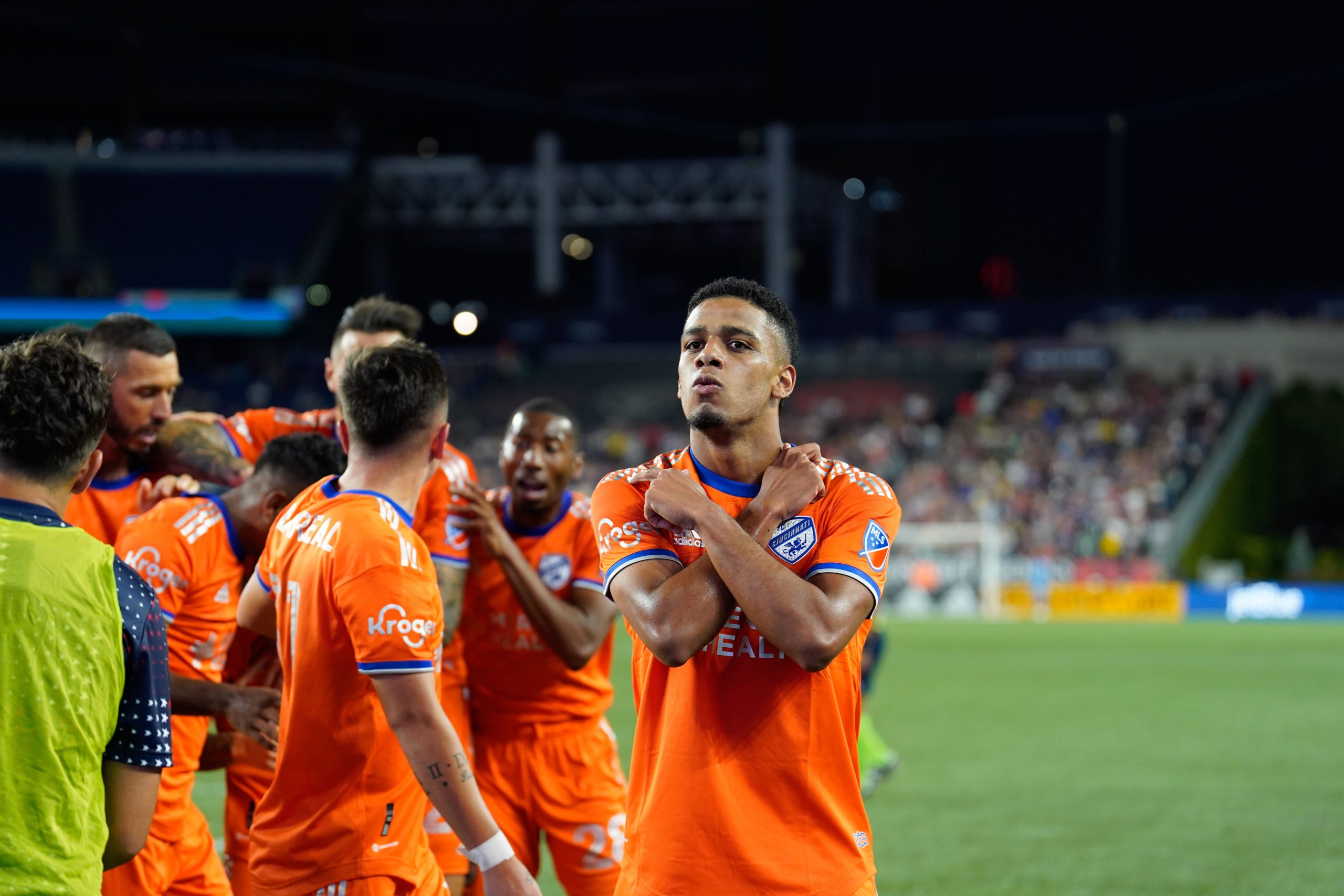 Brenner celebrates following his game-tying goal against the New England Revolution on July 2, 2022. Photo by Anders Saling.