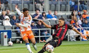 Ender Echenique crosses against Atlanta United. Feb 21, 2026. Photo courtesy of Jon Goldsberry for CST.